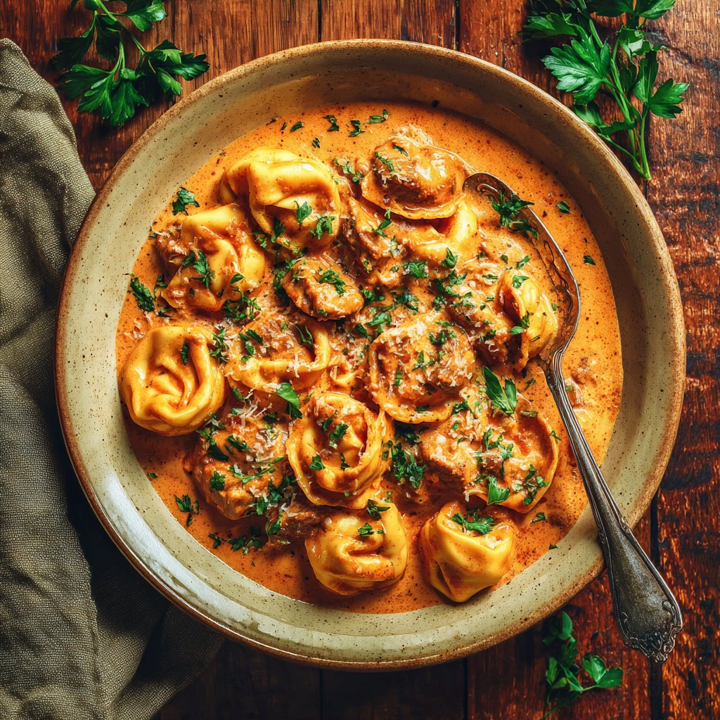 Garlic Steak Tortellini with Smoky Paprika Cream
